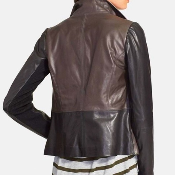 VINCE Colorblock Black Leather Wrap Moto Jacket - Picture 3 of 12